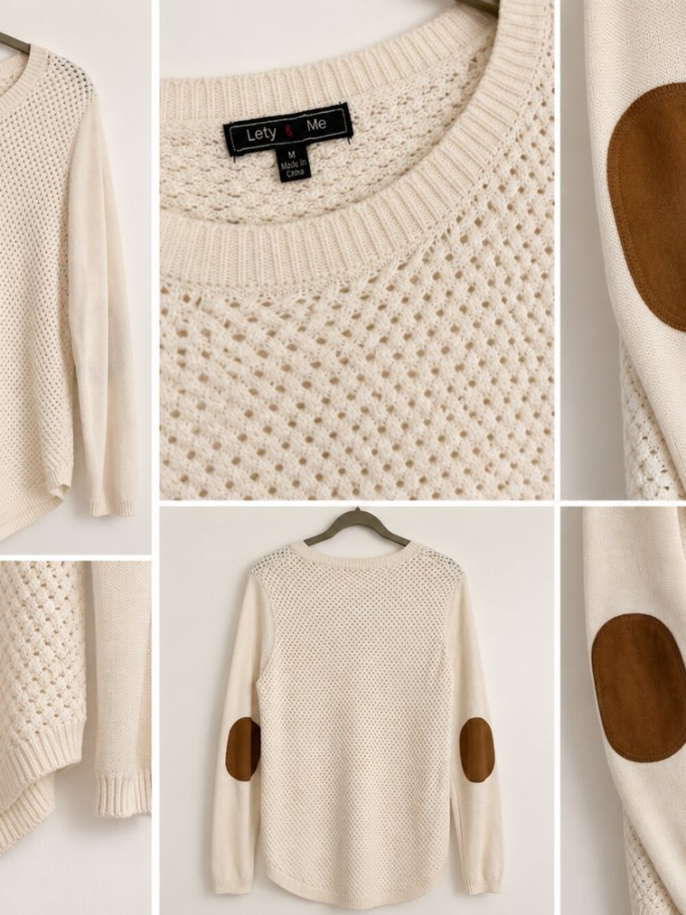 Lety & Me Ivory Textured Knit Sweater with Brown Elbow Patches – Medium